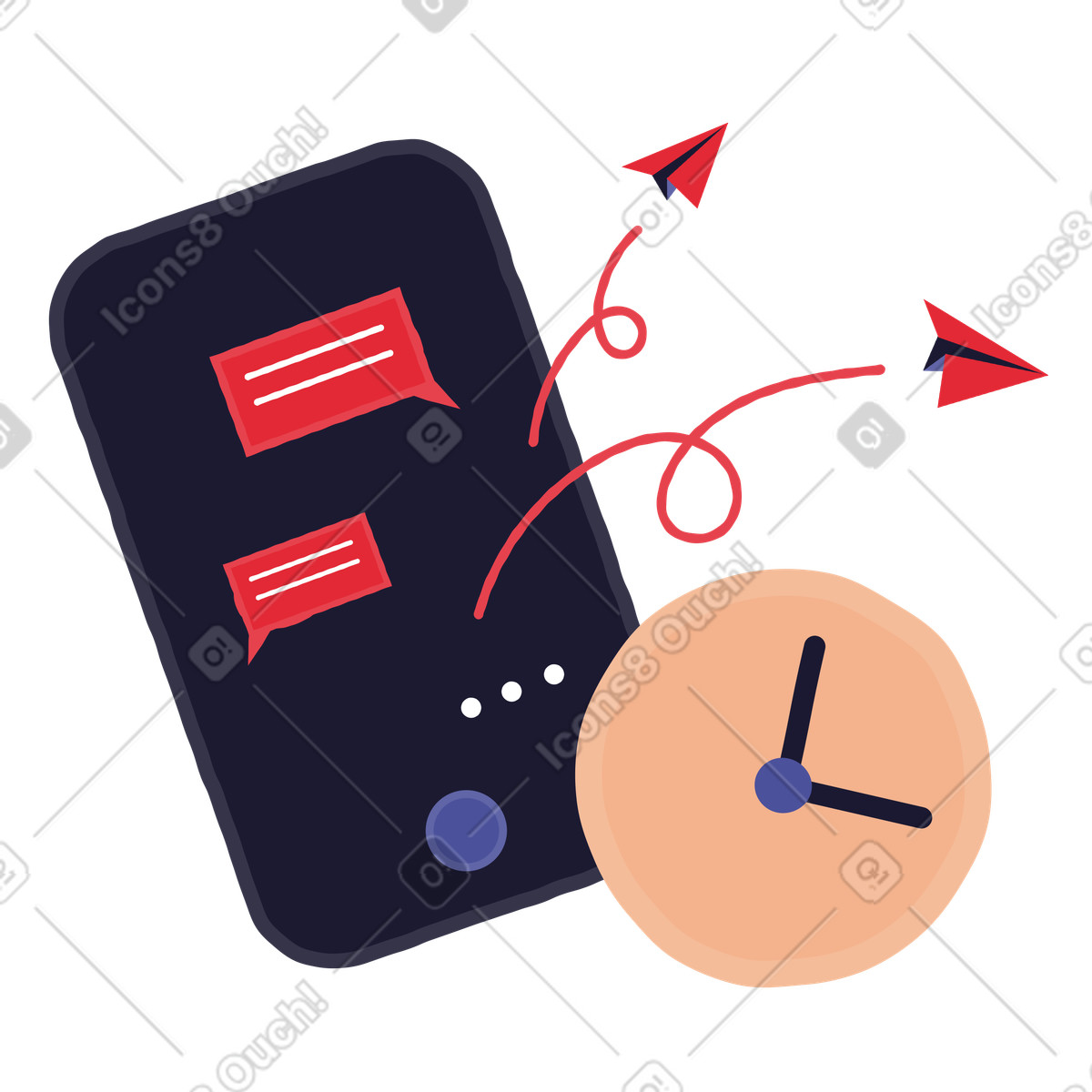 Illustration Montre et un téléphone portable à partir duquel les messages sont envoyés dans le style Stripy télécharger aux formats PNG, SVG