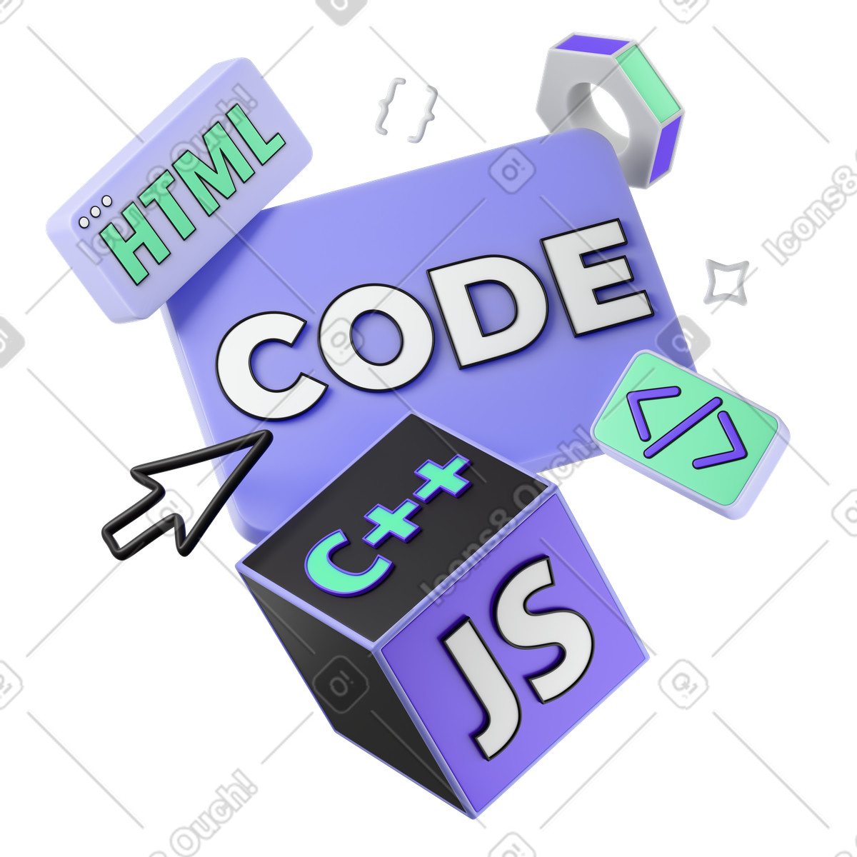 Lettering code with different programming languages text animated illustration in 3D Incut style download in GIF, Lottie (JSON), AE