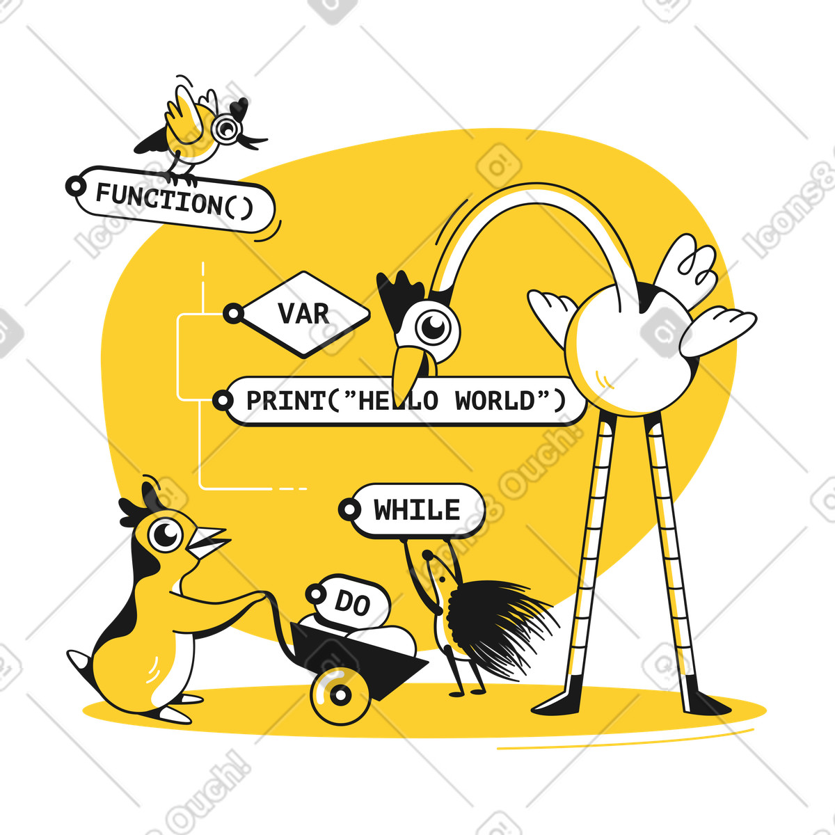 Ilustración Animals programming together and helping with code en estilo Taxi a descargar en PNG y SVG