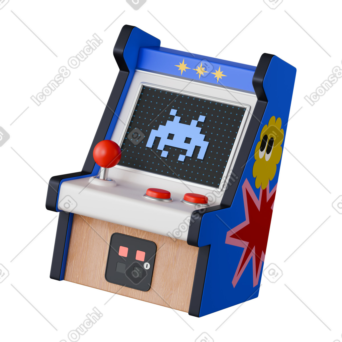 Arcade machine retro gaming console with joystick and pixel alien illustration in 3D Stickle style download in PNG, SVG