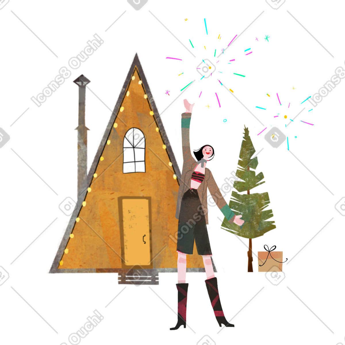 下载 Fabulous 风格的 女人看烟花庆祝 插画，支持 PNG、SVG 格式