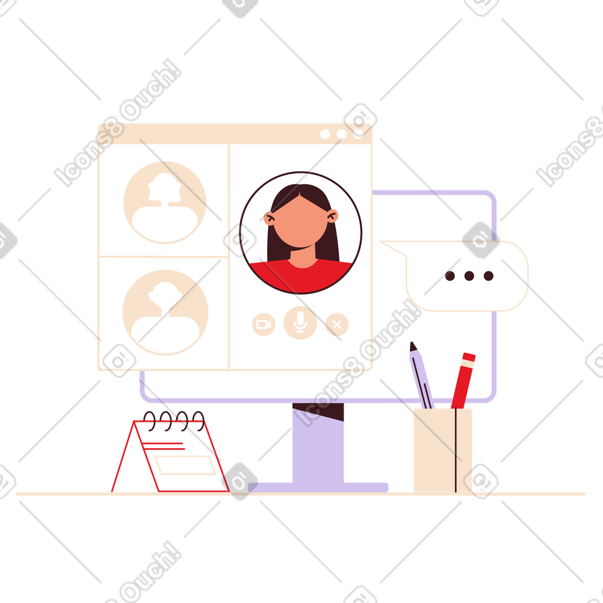 Desktop setup with online meeting window, Remote work and business illustration in Folks style download in PNG, SVG