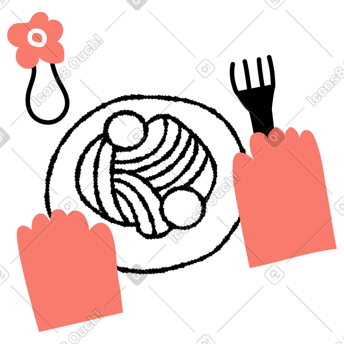 Spaghetti meal served on plate with fork and waiting hands illustrazione in stile Bold People scarica in PNG, SVG