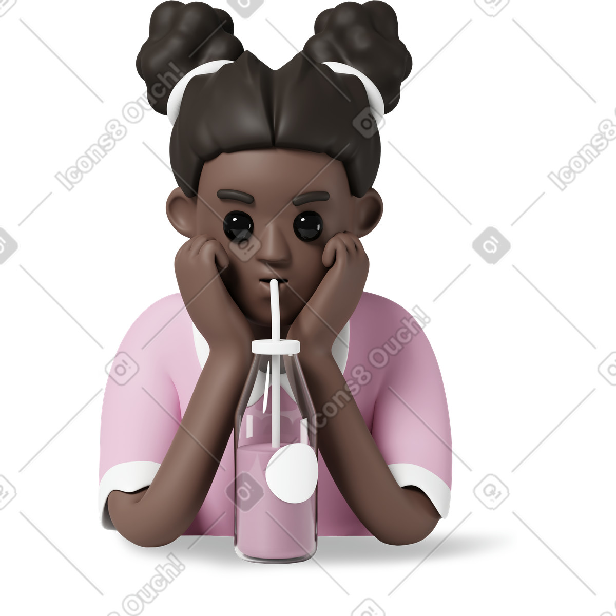 Girl drinking juice from glass bottle with straw illustration in 3D Casual life style download in PNG, SVG