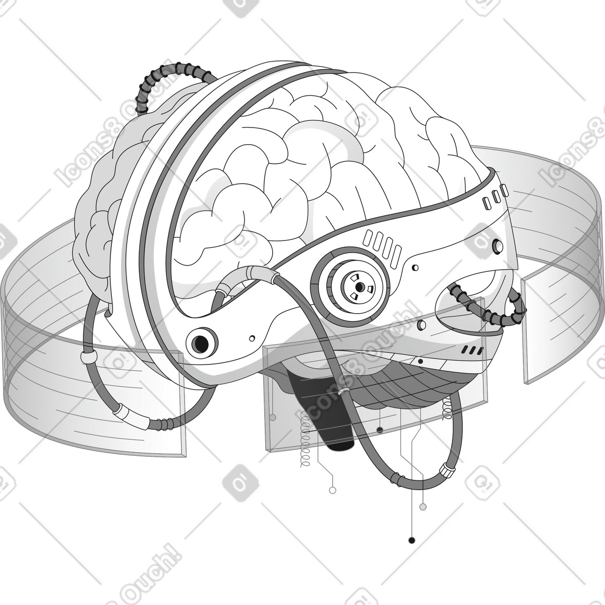 Robot brain with virtual screens illustration in Futuristic style download in PNG, SVG
