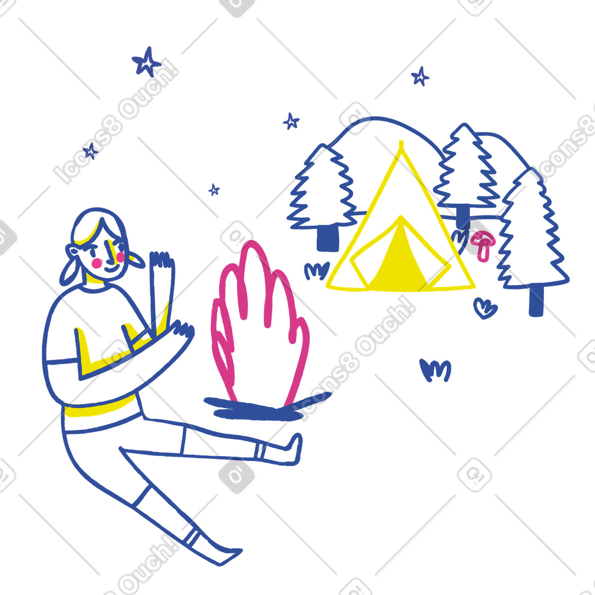 Woman making fire while camping illustration in Lime style download in PNG, SVG