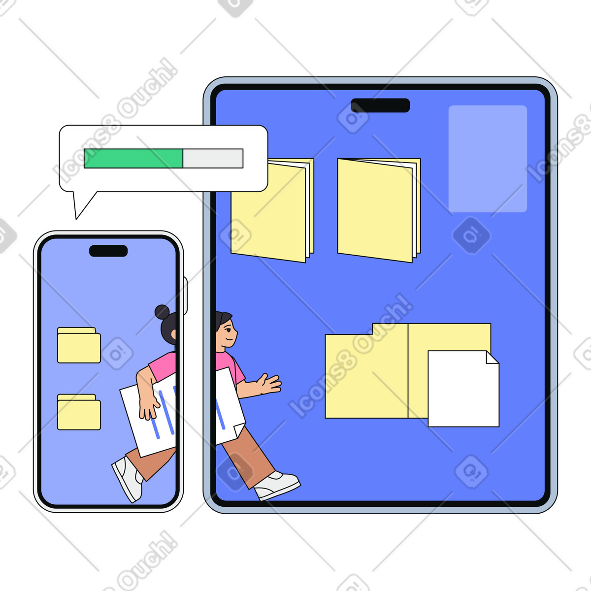 Sincronizzazione di documenti tra dispositivi, trasferimento file o migrazione dati illustrazione in stile Teko scarica in PNG, SVG