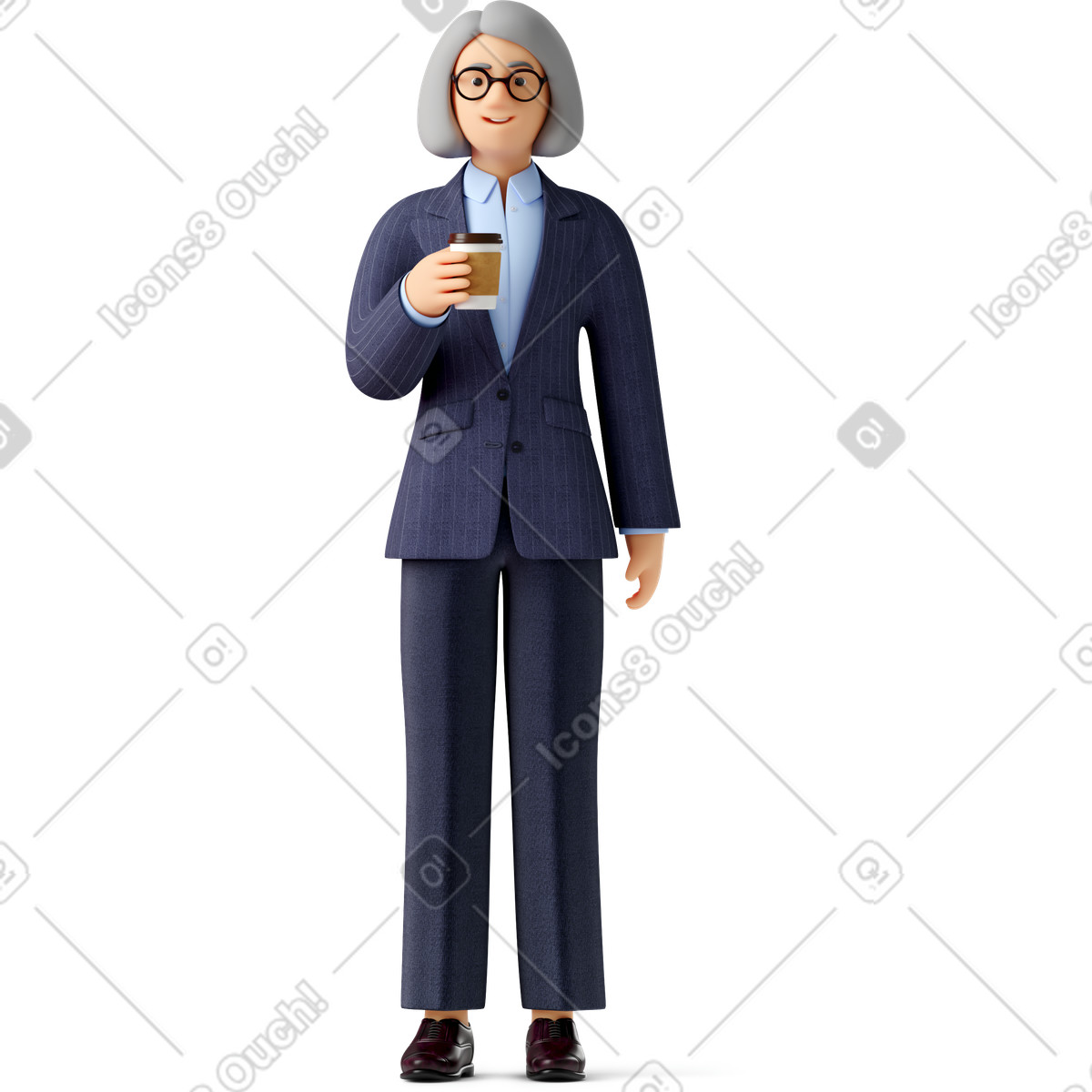 Old woman in blue blazer with paper coffee cup illustration 3D Business style download PNG, SVG