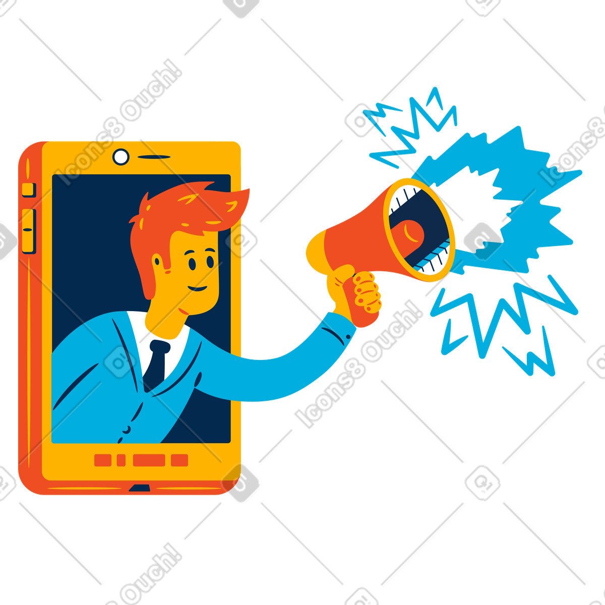 下载 Flame 风格的 拿着扩音器的男人用手机做广告 插画，支持 PNG、SVG 格式