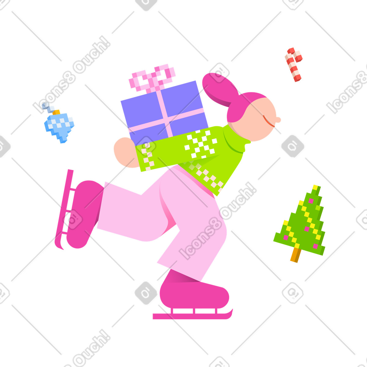 Woman ice skating with a gift animated illustration in 8bit style download in GIF, Lottie (JSON), AE