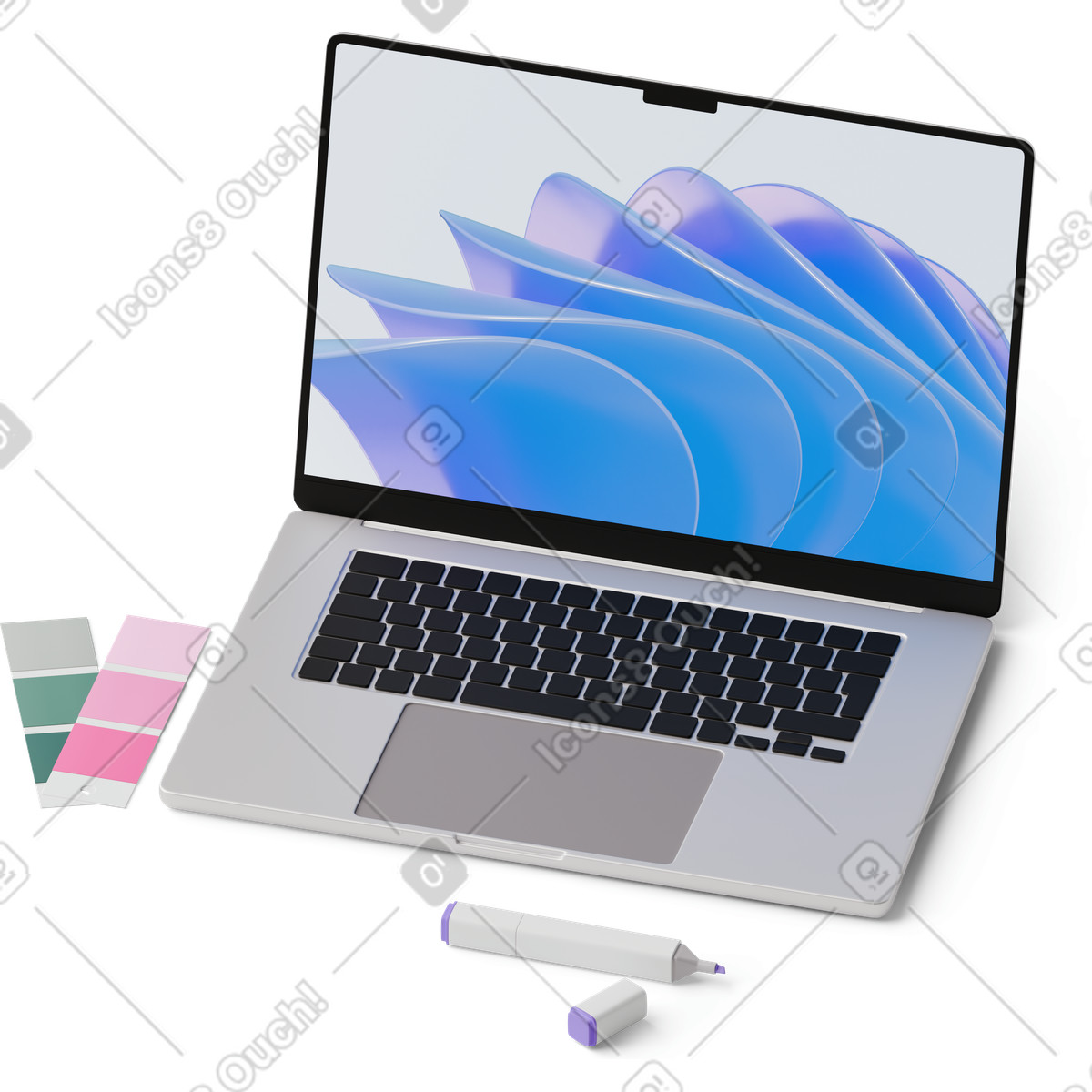 Ilustración Vista isométrica de computadora portátil, paletas colores y marcador en estilo 3D Hygge a descargar en PNG SVG