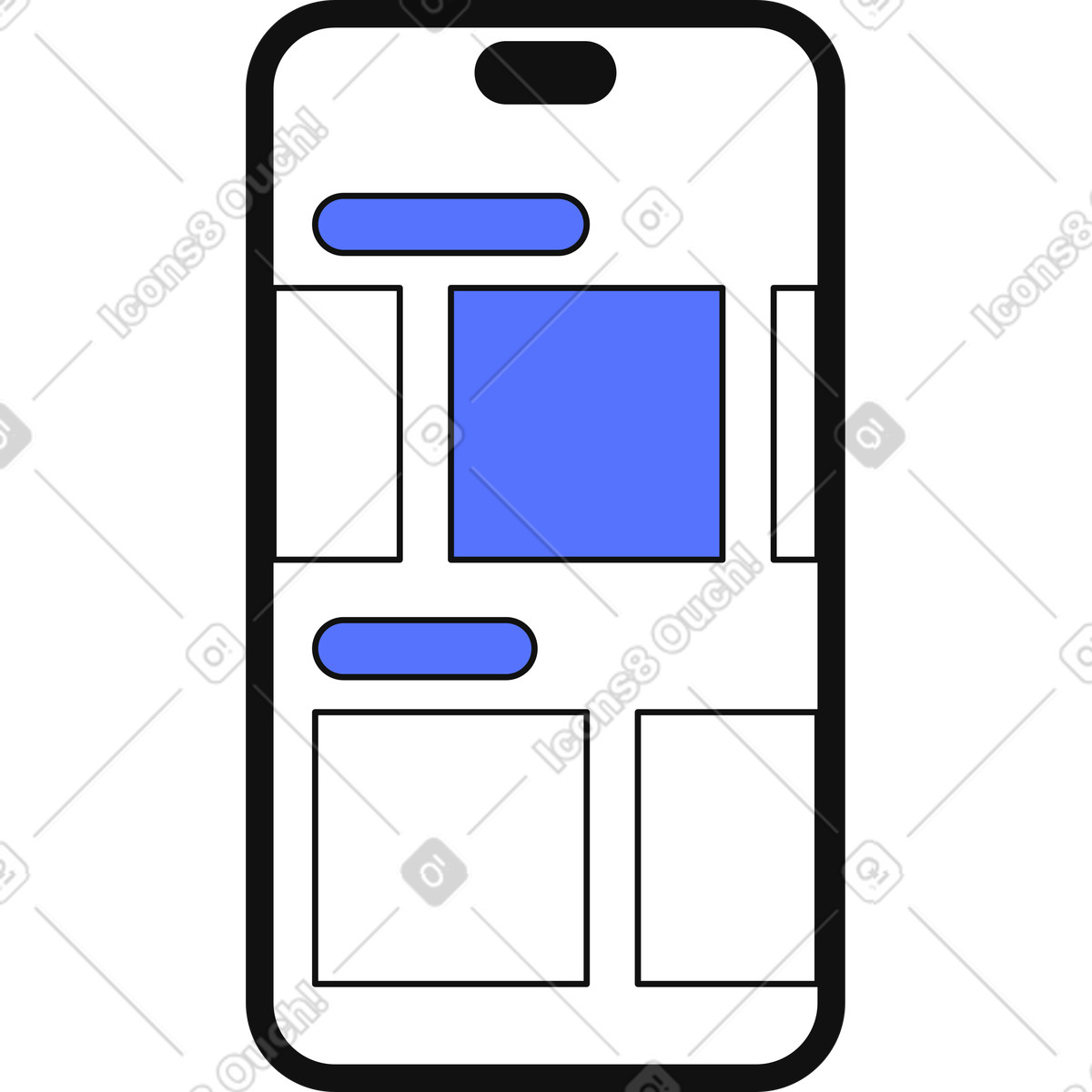 Illustration Smartphone mobile app interface wireframe layout with highlighted content blocks dans le style Main à télécharger aux formats PNG, SVG