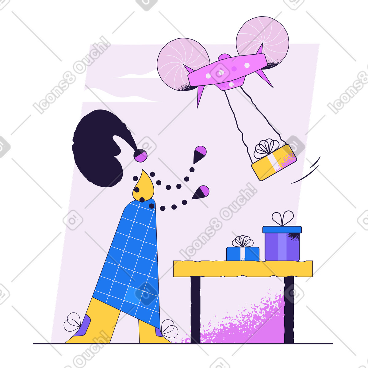 下载 Conifer 风格的 一名女子收到无人机送来的礼物 插画，支持 PNG、SVG 格式