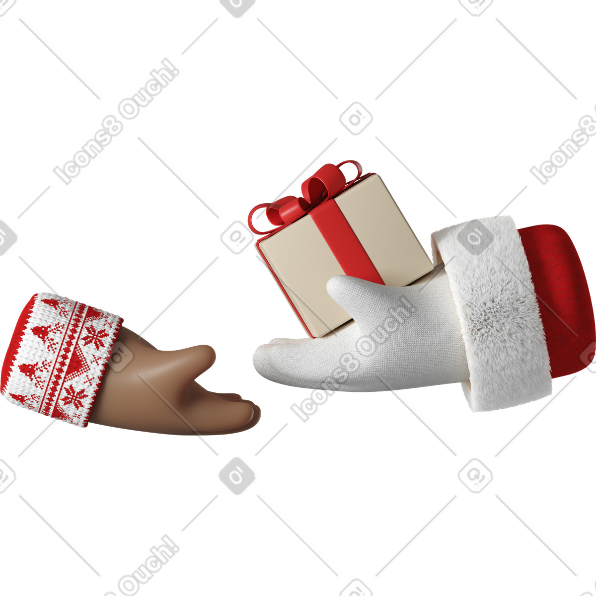 3D Hands Fun&Wild スタイルの Santa Claus giving a gift box to dark brown skin hand のイラストをPNG、SVG形式でダウンロード