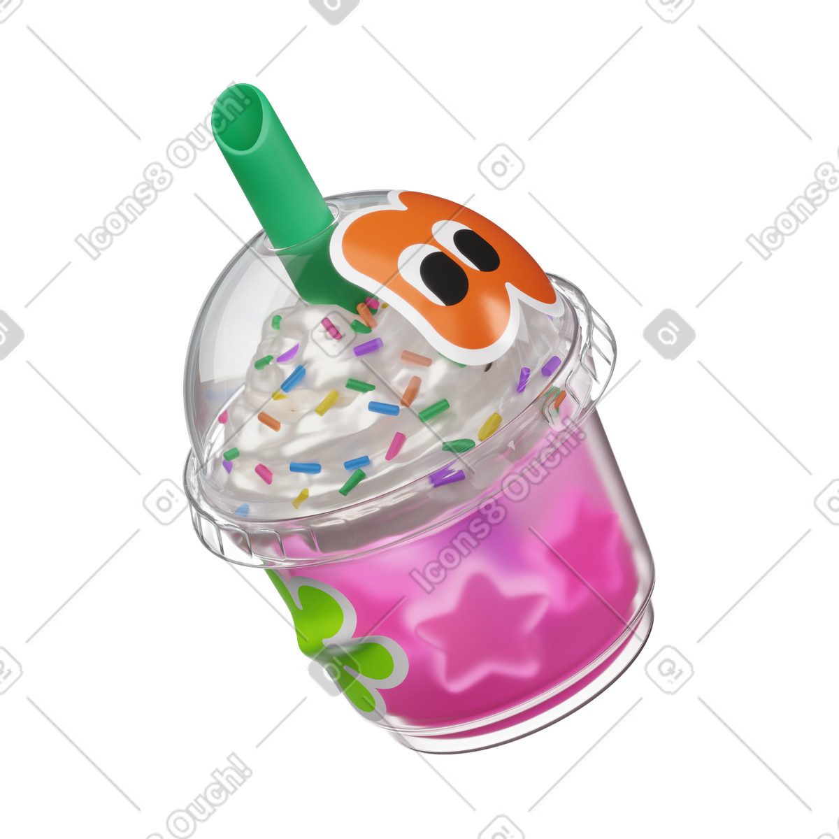 Plastic cup with drink and stickers illustration in 3D Stickle style download in PNG, SVG