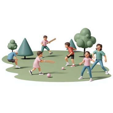 A group of four children, two boys and two girls, are playing cricket in a green park. One boy, wearing a blue t-shirt and shorts, is batting with a wooden cricket bat, while the other boy, dressed in a red t-shirt and black shorts, is fielding nearby. The girls, one in a pink dress and the other in a green t-shirt and blue jeans, are excitedly running around, cheering for their friends. In the center of the scene, there is a well-used, scuffed cricket ball on the grass. The sun is shining, casting soft shadows on the ground, and trees with vibrant green leaves surround the playing area.