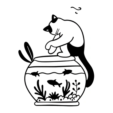A curious cat with striped fur is standing on its hind legs, with its front paws resting on the edge of a fishbowl. The cat's nose is almost touching the glass of the bowl, creating a sense of intrigue. Inside the fishbowl, several fish swim gracefully, creating ripples in the water. Surrounding the fishbowl are small pebbles and aquatic plants, adding detail to the scene. The background features a soft, blurred outline of a cozy room setting.