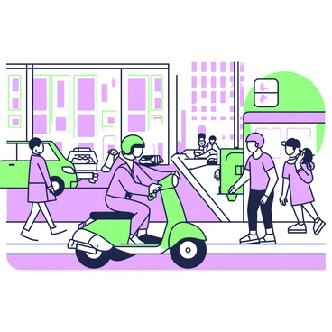 A scooter rider swerving to avoid a pothole on a bustling city street.