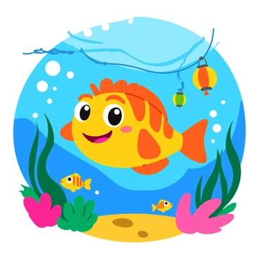 A colorful cartoon fish with bright scales swims joyfully in an underwater festival scene. The fish has exaggerated facial features, including large, sparkling eyes and a wide smile. Around the fish, there are vibrant decorations made of seaweed and coral, with colorful lanterns hanging from the ocean floor. Bubbles drift upward, adding to the festive atmosphere. Colorful fish friends are swimming nearby, and strands of twinkling lights illuminate the scene, creating a lively and cheerful environment.