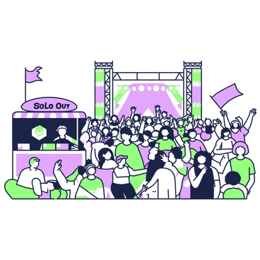 A large crowd is gathered at a music festival, with people of various ages and styles expressing excitement and joy. In the foreground, several individuals are raising their hands while others are waving flags and banners. There is a vibrant atmosphere as diverse clothing, from casual wear to festive costumes, enhances the lively scene. Towards the side, a merchandise booth is visible, featuring a large "Sold Out" sign prominently displayed. Behind the booth, colorful merchandise items can be seen, attracting the attention of festival-goers. In the background, a stage is set up, with bright lights and equipment hinting at an upcoming performance.