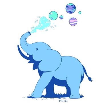 A blue elephant with large ears is playfully blowing bubbles from its trunk. The bubbles are round and translucent, floating into the air. As the bubbles rise, they gradually transform into tiny planets, each displaying different colors and details. In the scene, the elephant stands on a grassy area, and the sky above is clear with a soft gradient. Some of the planets are depicted with rings, while others show vibrant landscapes.