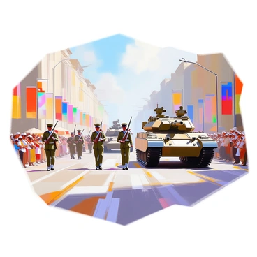 A military parade taking place on a wide street, showcasing soldiers in crisp uniforms marching in synchrony. The soldiers are holding their rifles at attention as they move with precision. In the background, several tanks are rolling down the street, their robust forms gleaming in the sunlight. Colorful flags are being waved by spectators lining the sidewalks, and banners displaying national symbols are hung along the buildings. The scene is filled with a sense of order and discipline as the parade continues down the broad avenue.