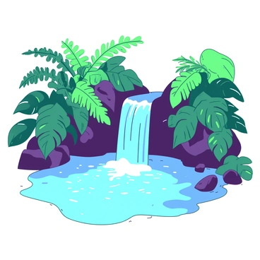 A small waterfall flows gracefully into a tranquil pool. The water is crystal clear and reflects the light from above. Surrounding the pool, there is abundant lush greenery with vibrant leaves in various shades. Ferns and tropical plants frame the scene, and small stones are scattered around the edge of the pool. Delicate droplets of water shimmer as they fall from the waterfall, adding a sense of movement to the peaceful environment.