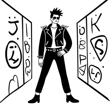 A person with a punk rock style is standing confidently, wearing a black leather jacket adorned with silver spikes on the shoulders. The individual has black leather pants that fit tightly, showcasing a rebellious look. Their hair is styled in a tall, spiky manner, adding to the edgy aesthetic. The makeup is bold, featuring dark eyeliner and vivid accents on the cheeks. They are posing with one hand on their hip and the other holding a studded belt, surrounded by graffiti-covered walls that enhance the punk vibe.