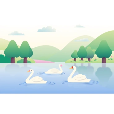 A wide river with smooth, reflective water stretches across the foreground. Swans with white feathers are gliding gracefully across the surface, leaving gentle ripples in their wake. Lush green trees line the riverbank, their leaves swaying slightly in a soft breeze. In the background, soft hills rise gently, covered with grass and wildflowers. The sky above is filled with soft, fluffy clouds drifting lazily.