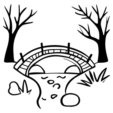 A simple wooden bridge arches gracefully over a small, babbling brook. The bridge is constructed of weathered wooden planks, with a sturdy railing on either side. Below the bridge, the brook flows gently, with rippling water that creates small splashes. Surrounding the brook, there are smooth stones and patches of grass. Lush greenery and trees frame the scene, with their branches extending towards the bridge, creating a natural canopy. The overall composition captures a serene moment in nature.