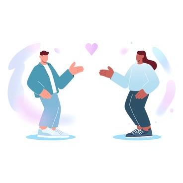 A person is standing with open arms in a welcoming posture, facing another person. The first person is wearing a casual jacket and their body is slightly leaning forward, indicating eagerness to greet. The second person, wearing a comfortable sweater, has their arms raised slightly in response. Around them, there are soft, blurred shapes suggesting a pleasant outdoor setting, with colors that transition gently from one to another, creating a cozy atmosphere. Above them, there is a subtle illustration of a heart shape, emphasizing the warmth of the greeting.