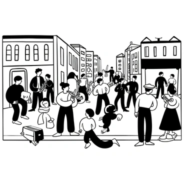 A lively street scene depicting the Harlem Renaissance. A group of musicians is playing instruments like a saxophone, trumpet, and drums on the sidewalk, surrounded by a crowd enjoying the performance. Nearby, an artist is painting on a canvas set up on an easel, capturing the essence of the bustling environment. People are dressed in period-appropriate clothing, some dancing to the rhythm of the music. Buildings line the street, showcasing the architecture of the time, while street vendors sell items nearby. The atmosphere is filled with energy and creativity.