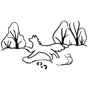 An arctic fox is depicted running playfully through a field of fresh snow, its fur fluffy and textured. The snow is layered, creating gentle mounds and soft drifts. In the background, there are snow-covered trees with branches heavy from the snow. The sky is clear and open, contributing to the expansive feel of the winter landscape. The fox's movement creates a series of paw prints trailing behind it, emphasizing its playful nature.