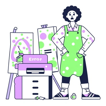 An artist with curly hair is standing in front of a printer that shows an error message on its screen. The artist's facial expression displays exaggerated frustration, with wide eyes and an open mouth. They are wearing a smock covered in paint splatters over a casual shirt, and their hands are placed on their hips. Scattered around the base of the printer are crumpled pieces of paper and empty ink cartridges. In the background, easels with unfinished canvases and art supplies are visible, adding to the chaotic atmosphere.