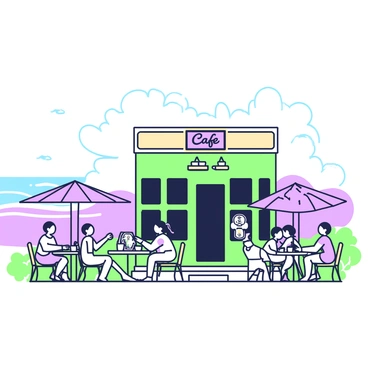 A cozy café is situated by the beach, with its exterior featuring large windows and an inviting entrance. Outside, there are several small round tables with purple umbrellas that provide shade. At these tables, groups of people are sitting and enjoying their time. Some patrons are holding coffee cups, while others are engaged in conversation. In the background, gentle waves are rolling onto the sandy shore, and a few seagulls can be seen flying in the sky. A small wooden sign hangs at the entrance, displaying the café's name in an elegant font.