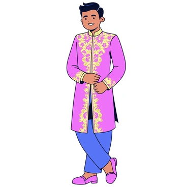 A groom wearing a richly embroidered sherwani in vibrant colors. The sherwani features intricate gold thread work and embellishments that reflect light. He stands confidently with his shoulders back, and his hands elegantly placed at his sides. His hair is neatly styled, and he has a warm smile on his face. The background is simple, allowing the focus to remain on the groom and his attire.