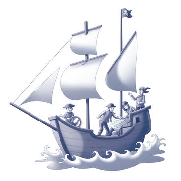 A whimsical ship with exaggerated, curvy sails is navigating through a dynamic sea. The ship is adorned with playful decorations, including a colorful flag fluttering at the mast. A group of pirates, dressed in traditional attire with eye patches and tricorn hats, are actively engaged on the deck. One pirate is enthusiastically steering the ship while another is examining a treasure map. The waves of the sea are swirling and undulating, creating lively patterns around the hull of the ship. The scene captures a sense of adventure and excitement.