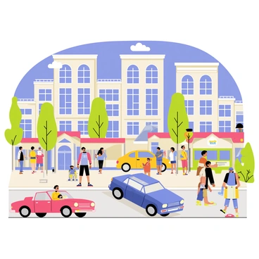 A bustling city street filled with a variety of American cars in different colors and models. The cars include a classic red convertible, a blue SUV, a yellow sports car, and a green sedan, all parked along the curb. People are walking on the sidewalk, some are waiting at a bus stop, and others are chatting in small groups. The buildings in the background are tall with large windows and colorful storefronts. A bright blue sky overhead with a few fluffy white clouds completes the lively scene.