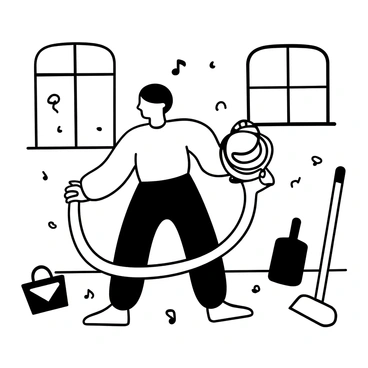 A person cleaning their house while listening to uplifting music, dancing with a vacuum cleaner.