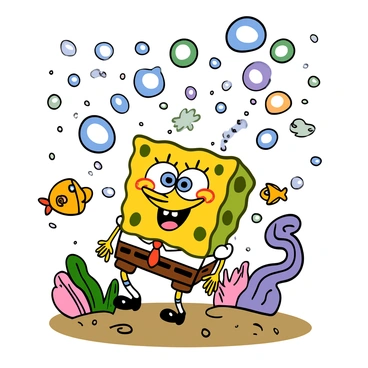 SpongeBob SquarePants is blowing intricate bubble shapes that float whimsically around him. The bubbles have various sizes and shapes, some resembling stars, hearts, and other whimsical designs. SpongeBob has a wide smile, his big eyes sparkling with joy. He is standing in his signature square pants and a white shirt with a red tie. Bright underwater scenery surrounds him with colorful coral and playful fish swimming nearby. The bubbles are reflecting light and creating a magical atmosphere.