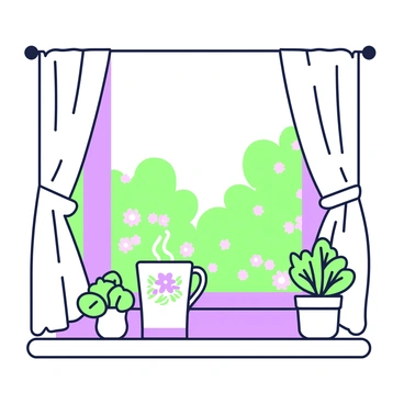 A windowsill is adorned with a steaming mug that features intricate floral designs. The mug is placed on a wooden surface, catching the soft morning light streaming through the window. Beside the mug, there is a small potted plant with lush green leaves. Out the window, a glimpse of a tranquil garden can be seen, with hints of greenery and vibrant flowers. A light fabric curtain is gently swaying in the breeze, enhancing the cozy atmosphere of the scene.