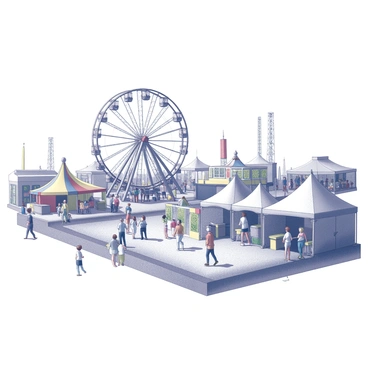 A state fair scene filled with a diverse crowd of people enjoying various activities. Colorful tents are set up throughout the area, each displaying different attractions and food stalls. A giant Ferris wheel looms prominently in the background, its structure appearing detailed and intricate. People are seen walking, laughing, and engaging in games, while the ground is covered with a mix of grass and dirt. The atmosphere is lively and dynamic, capturing the essence of a typical fair day.