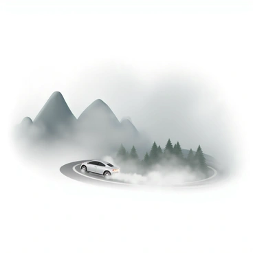A car driving through thick fog on a winding mountain road
