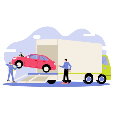 A delivery team consisting of three workers is loading a shiny red car onto a large transport truck. One worker is positioned at the rear of the truck, guiding the car up a ramp. Another worker is in the driver's seat, carefully steering the car. The third worker stands nearby, ready to secure the car with straps. The transport truck is white with a green stripe along the side and has multiple car slots visible. The background features a clear blue sky and a paved lot.