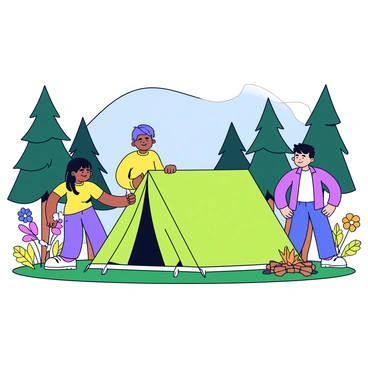 A group of three friends is setting up a bright green tent at a campsite. The tent is positioned on a patch of grass, and the friends are engaged in the process of securing it with pegs. One friend is holding the tent fabric while another is hammering a peg into the ground. The background is filled with tall pine trees and colorful wildflowers, creating a vibrant natural setting. A clear blue sky is visible above, and a small campfire with logs arranged around it is situated nearby.