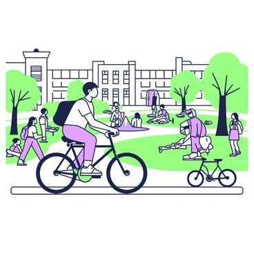 A college student is riding a bike across a university campus filled with activity. The student has short hair and is wearing a casual t-shirt and jeans, with a backpack slung over one shoulder. In the background, there are groups of students walking and chatting, some clustered around benches and trees. The campus buildings are visible, showcasing a mix of modern and traditional architecture. Nearby, a fountain is surrounded by students sitting and studying. The atmosphere is lively with bicycles parked along the pathways.