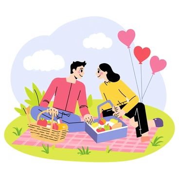 A loving couple sitting on a checkered blanket, enjoying a picnic spread with a basket filled with sandwiches and fruits. The couple is smiling at each other, surrounded by lush green grass. Several heart-shaped balloons in bright red and pink are floating nearby, gently swaying in the breeze. A picnic basket is open, revealing colorful items like apples and sandwiches. A blue sky with fluffy white clouds creates a cheerful atmosphere.
