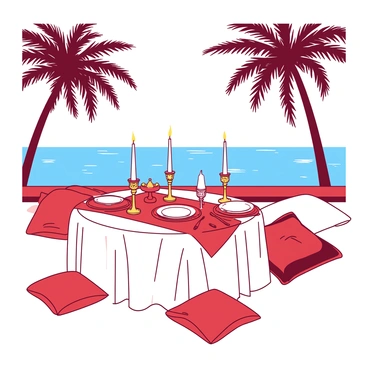 A white table is elegantly set for a romantic dinner, adorned with delicate red linen and flickering candles in ornate holders. The table features traditional Arabic decor, including intricate patterns on the tableware and vibrant textiles. Surrounding the table, there are plush cushions in a variety of colors positioned for comfort. In the background, the calm sea reflects the soft light of the candles, creating a serene atmosphere. The setting is completed by palm trees swaying gently in the evening breeze, framing the view of the horizon.