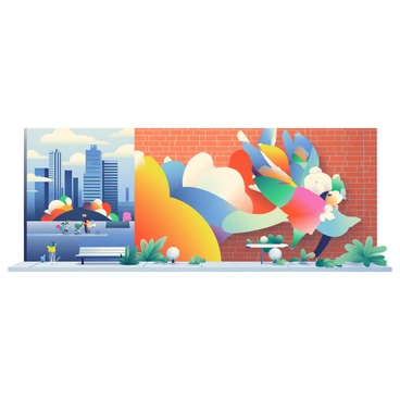 A vibrant street mural is painted on a large brick wall, featuring bold colors and abstract shapes. The mural includes geometric patterns in shades of blue, orange, and yellow. On the left side, there is a large depiction of a stylized city skyline, with detailed skyscrapers reaching towards the sky. In the center, a series of swirling forms and figures depict elements of urban life, such as bicycles and people walking. To the right, there is an oversized image of a colorful bird in mid-flight, with intricate feather details. The surrounding area is filled with green plants and small benches, inviting passersby to admire the artwork.