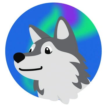 A detailed wolf head with sharp features and piercing eyes is positioned prominently in the foreground. The wolf has a thick, textured coat with shades of gray and white. Behind it, the sky is filled with a vibrant aurora borealis, showcasing swirling bands of green, purple, and blue light. The aurora illuminates the scene with a soft glow, creating a dramatic contrast against the dark night sky. The wolf's expression is fierce yet majestic, reflecting the beauty of the natural phenomenon behind it.